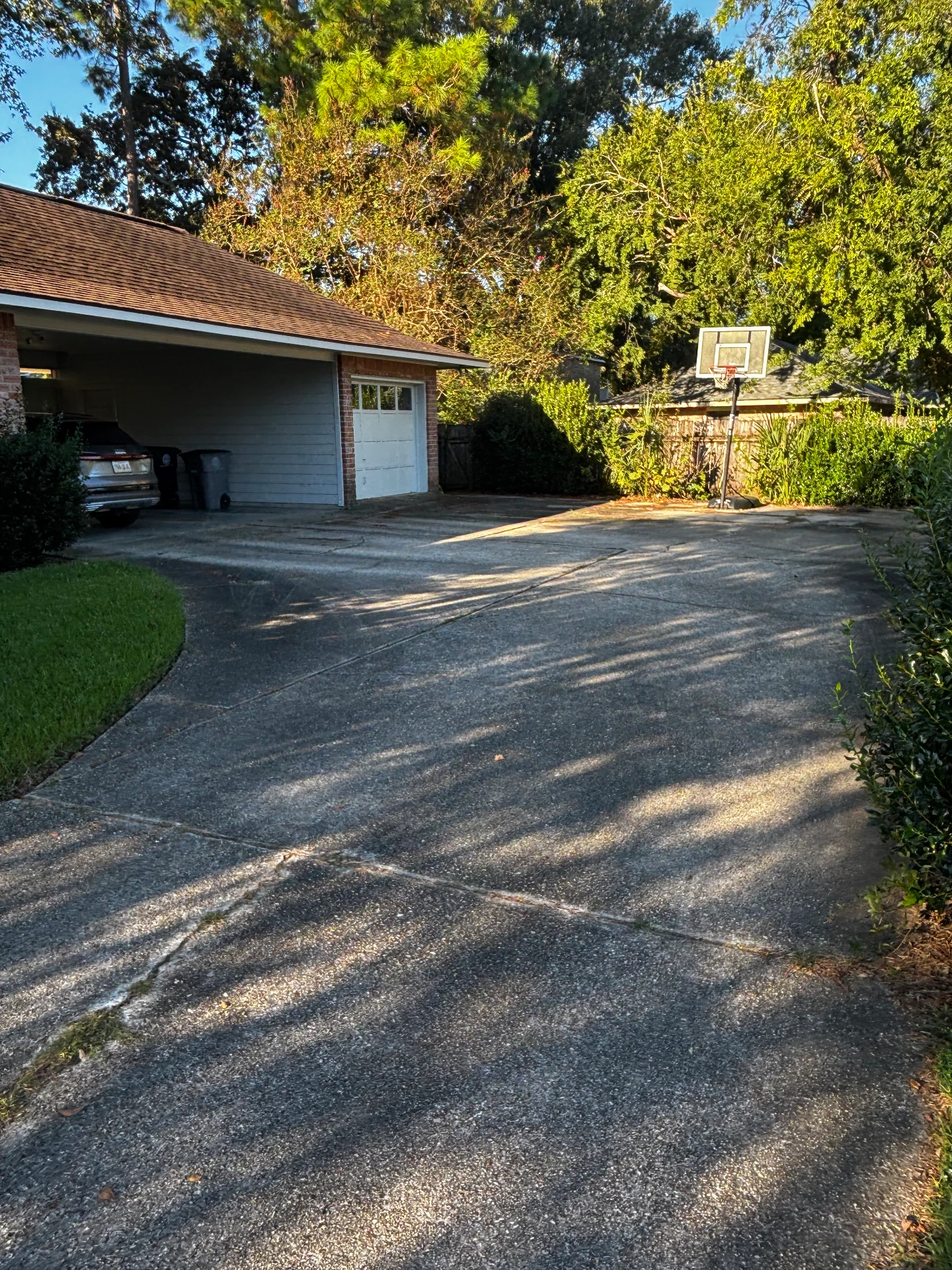 Back area of a driveway by the garage before cleaning